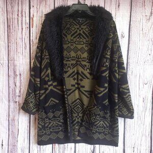 Romeo Juliet Couture Medium 100% Acrylic Aztec Sweater Faux Fur Cardigan Pocket